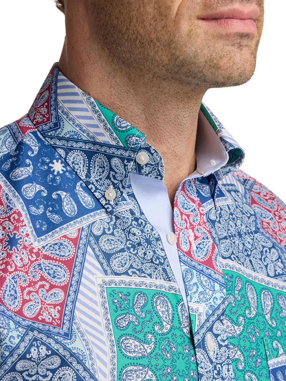 Non-Iron Cotton Bandana Dress Shirt With Contrast Trim - Blue Multi - Image 3