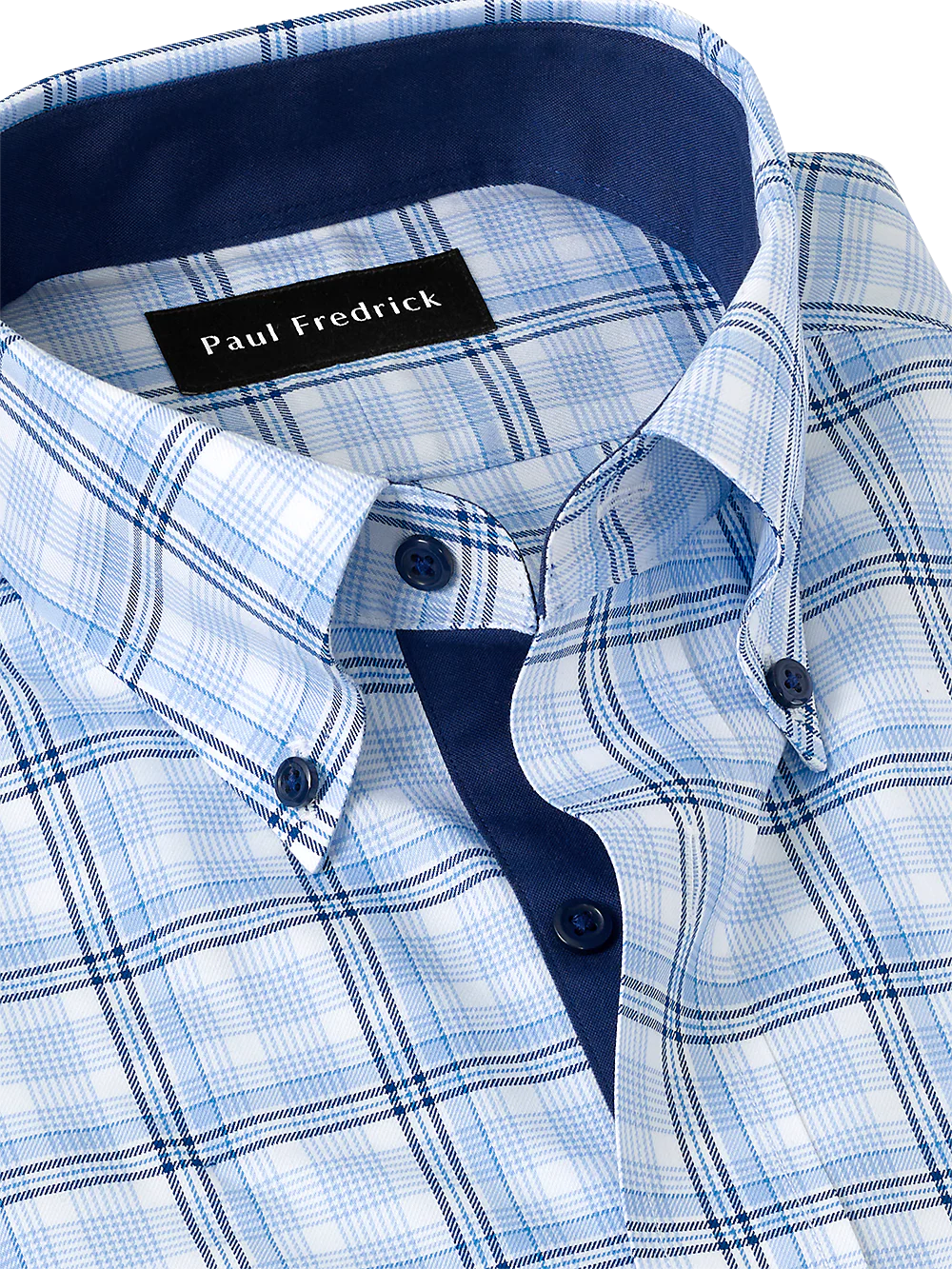 Non-Iron Cotton Check Dress Shirt With Contrast Trim - Blue - Image 3