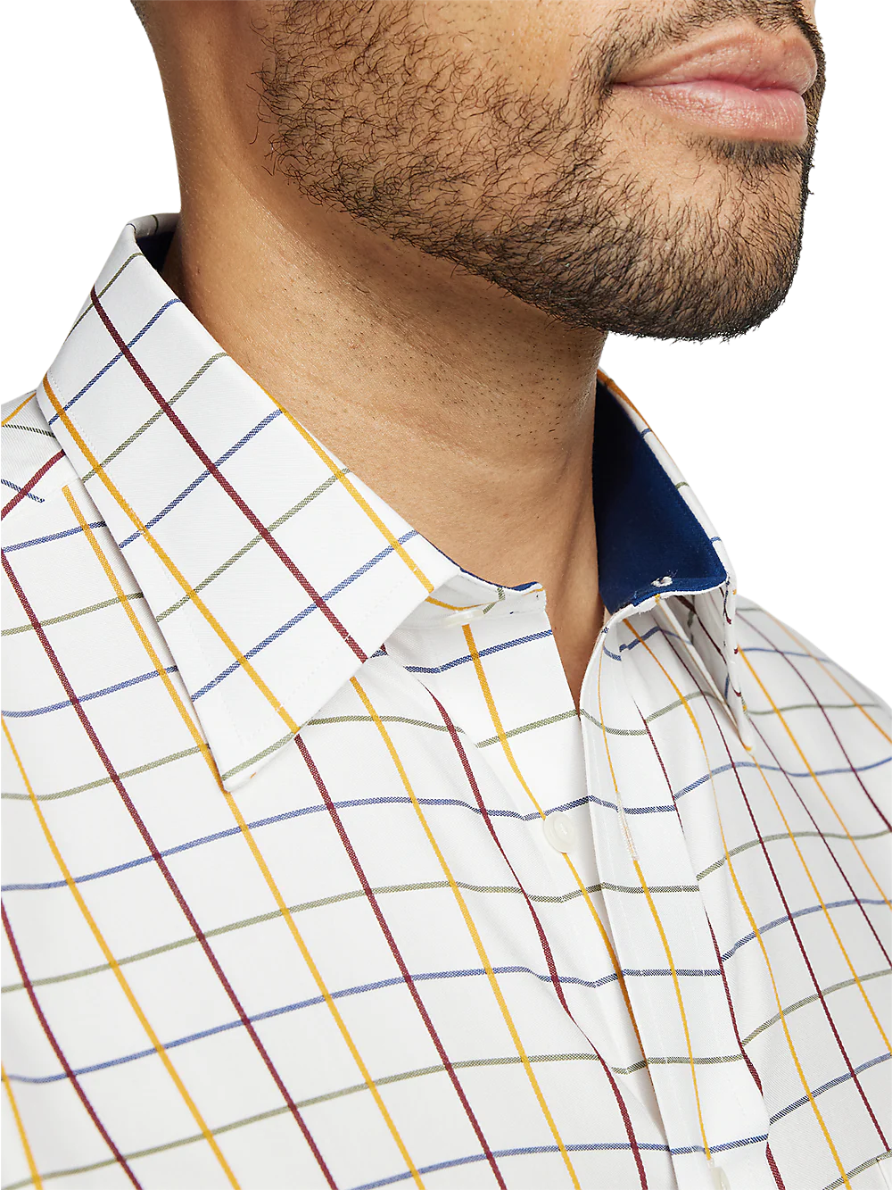 Non-Iron Cotton Check Dress Shirt With Contrast Trim - White Multi - Image 3