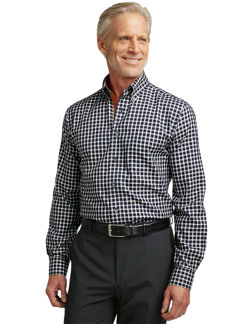 Non-Iron Cotton Check Dress Shirt With Contrast Trim - Black/rust - Image 2