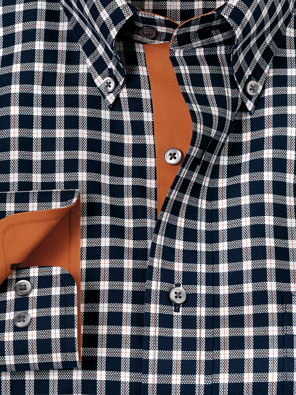 Non-Iron Cotton Check Dress Shirt With Contrast Trim - Black/rust - Image 6