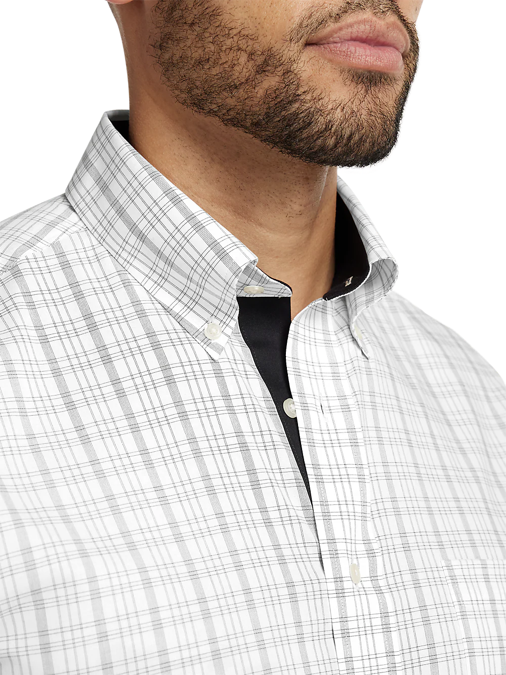 Non-Iron Cotton Check Dress Shirt With Contrast Trim - Black/white - Image 3