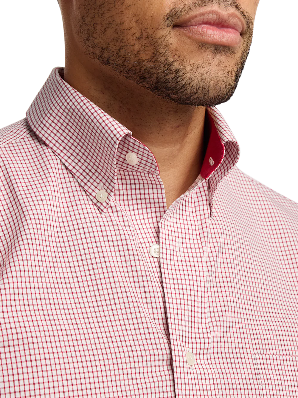 Non-Iron Cotton Check Dress Shirt With Contrast Trim - Red/white - Image 3