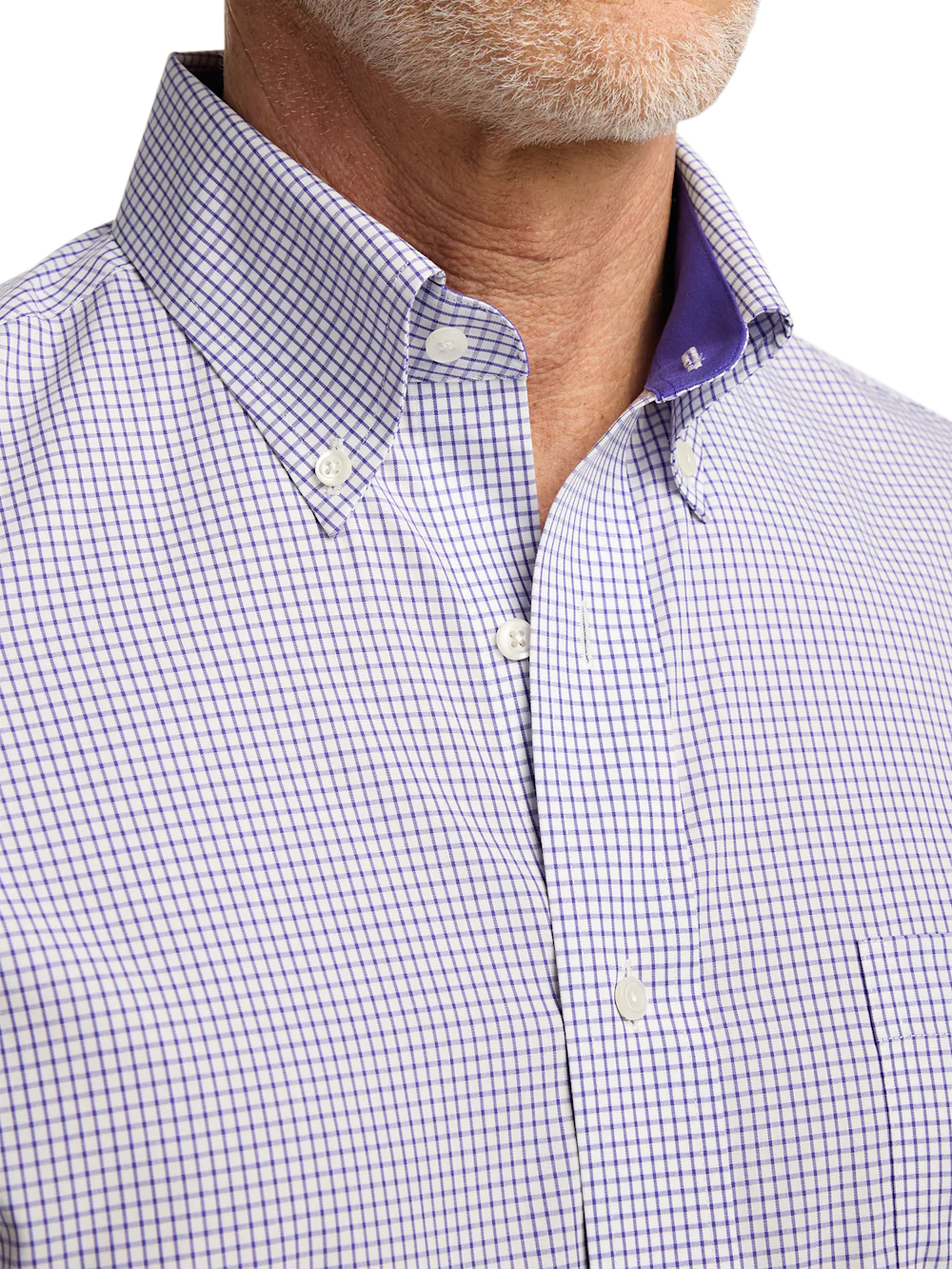 Non-Iron Cotton Check Dress Shirt With Contrast Trim - Purple/white - Image 3