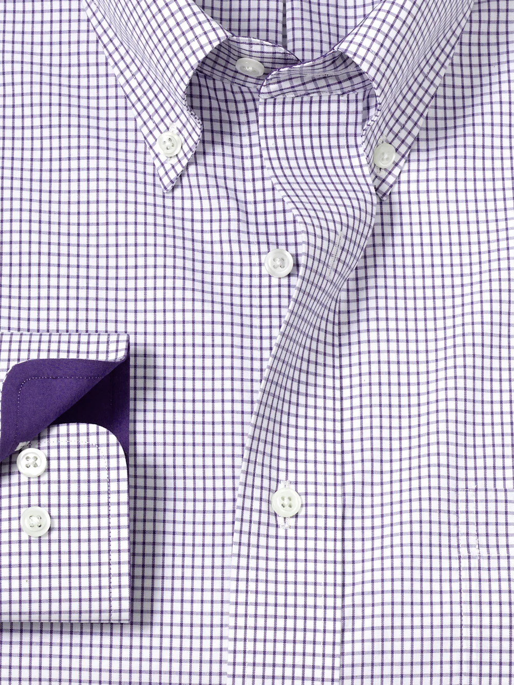 Non-Iron Cotton Check Dress Shirt With Contrast Trim - Purple/white - Image 6
