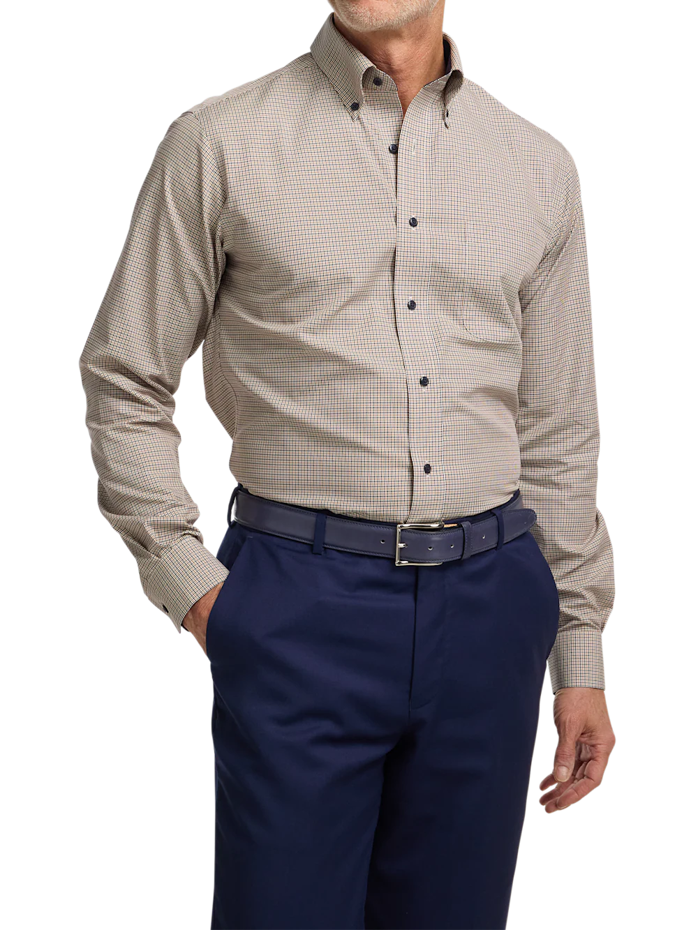Non-Iron Cotton Check Dress Shirt With Contrast Trim - Navy/gold - Image 2
