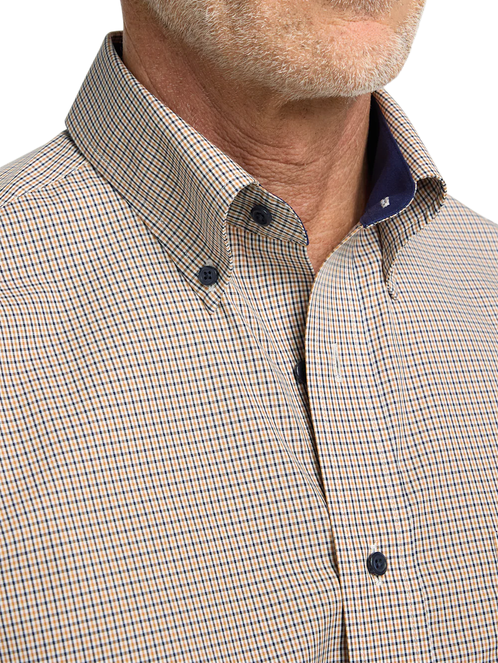 Non-Iron Cotton Check Dress Shirt With Contrast Trim - Navy/gold - Image 3