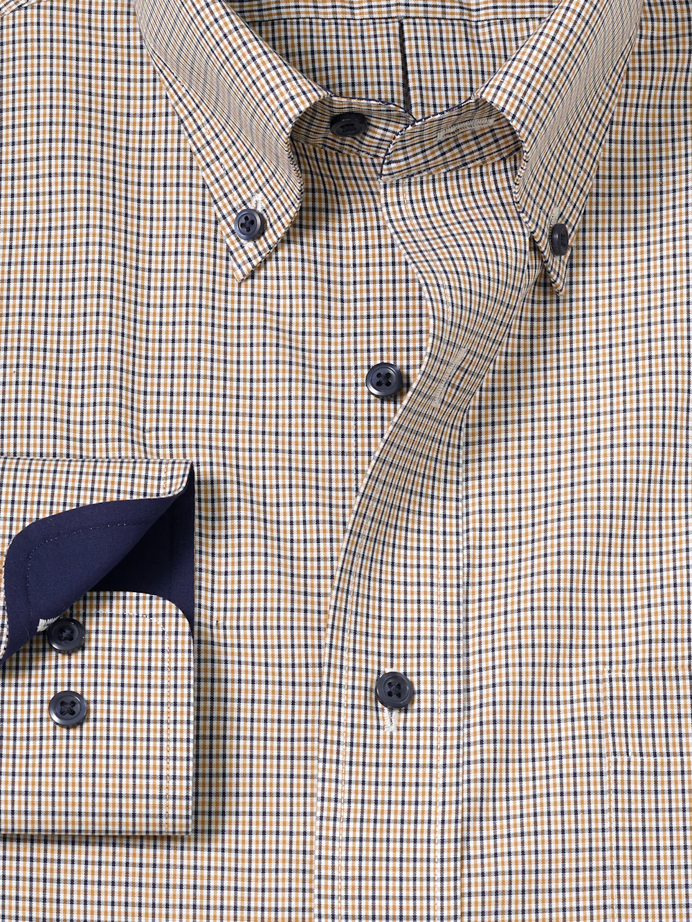 Non-Iron Cotton Check Dress Shirt With Contrast Trim - Navy/gold - Image 6