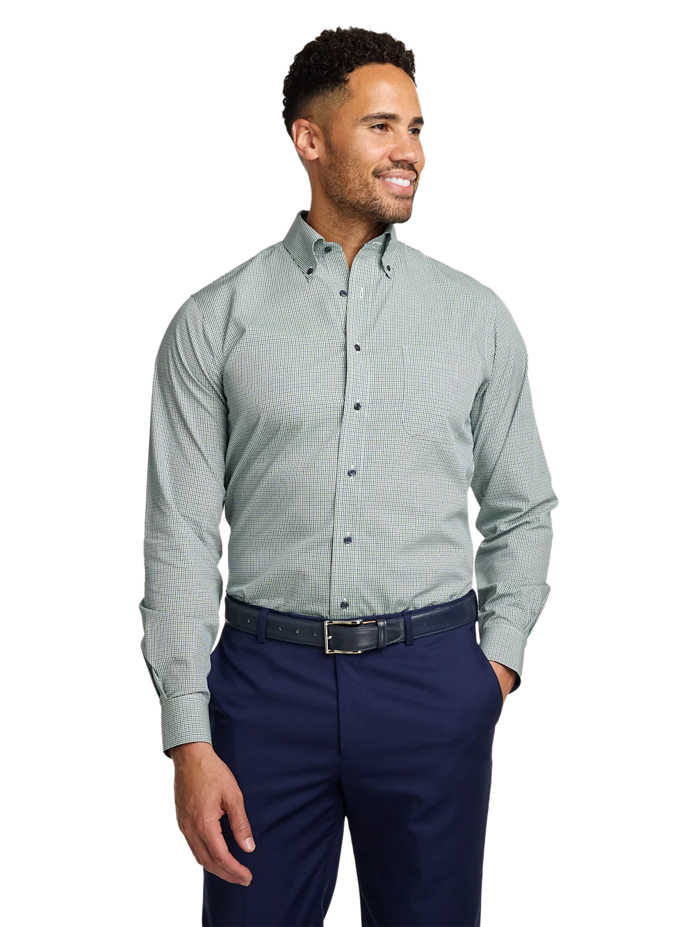 Non-Iron Cotton Check Dress Shirt With Contrast Trim - Green - Image 2