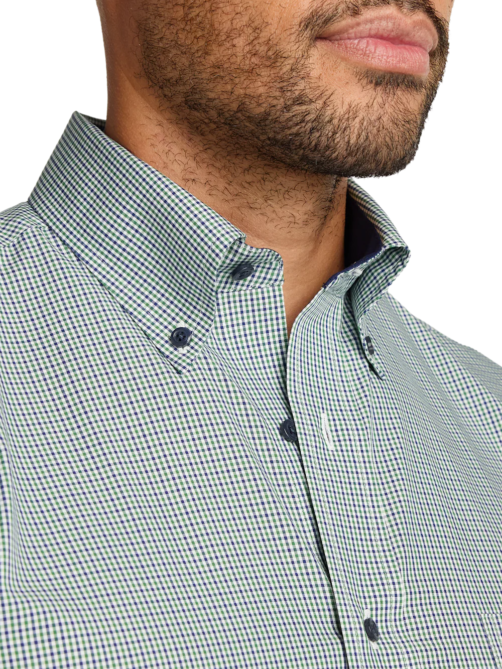 Non-Iron Cotton Check Dress Shirt With Contrast Trim - Green - Image 3
