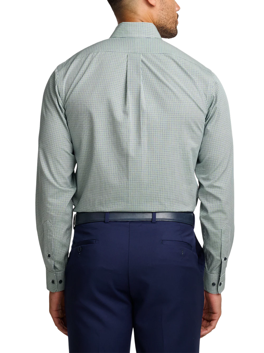 Non-Iron Cotton Check Dress Shirt With Contrast Trim - Green - Image 5