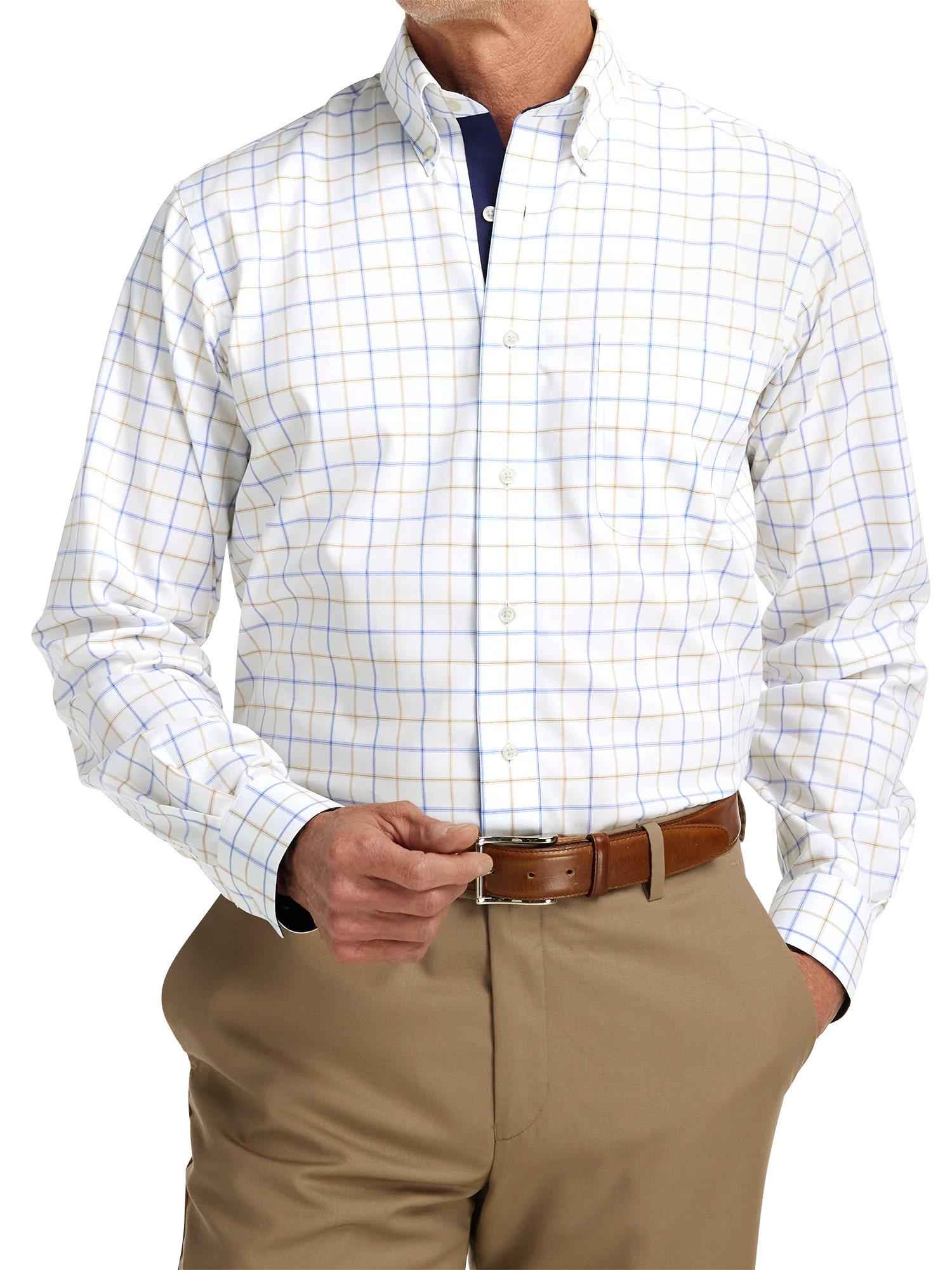 Non-Iron Cotton Check Dress Shirt With Contrast Trim - Blue/tan - Image 2