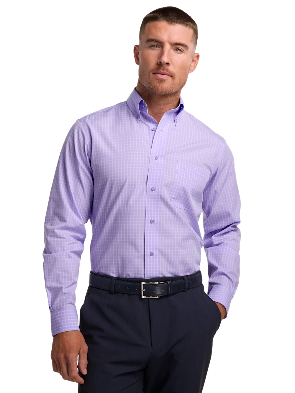 Non-Iron Cotton Check Dress Shirt With Contrast Trim - Purple - Image 2