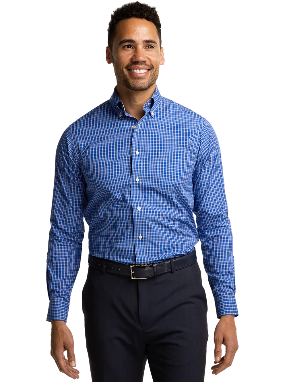Non-Iron Cotton Check Dress Shirt With Contrast Trim - Blue - Image 2