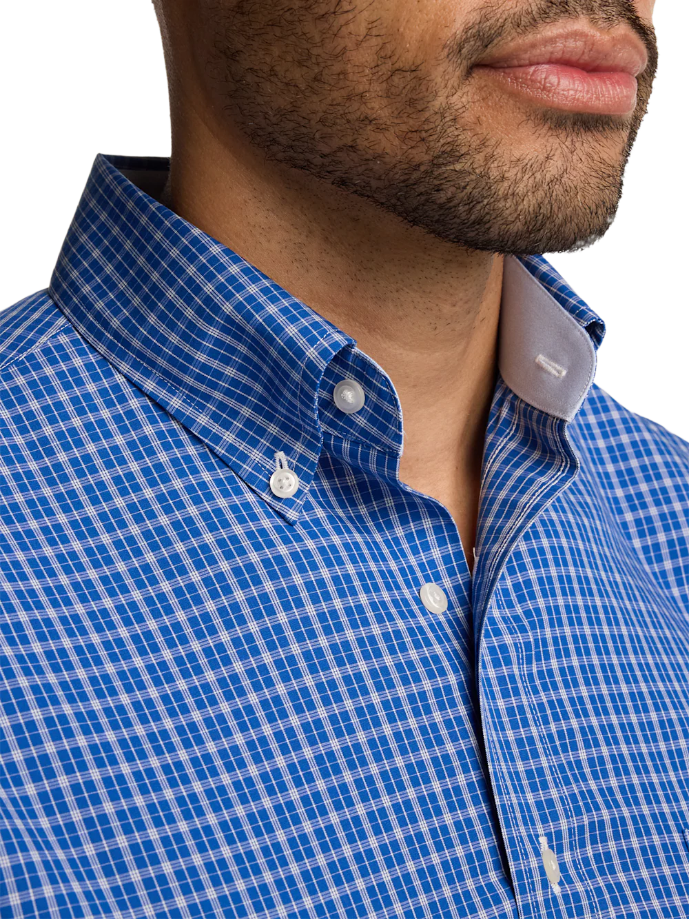 Non-Iron Cotton Check Dress Shirt With Contrast Trim - Blue - Image 3