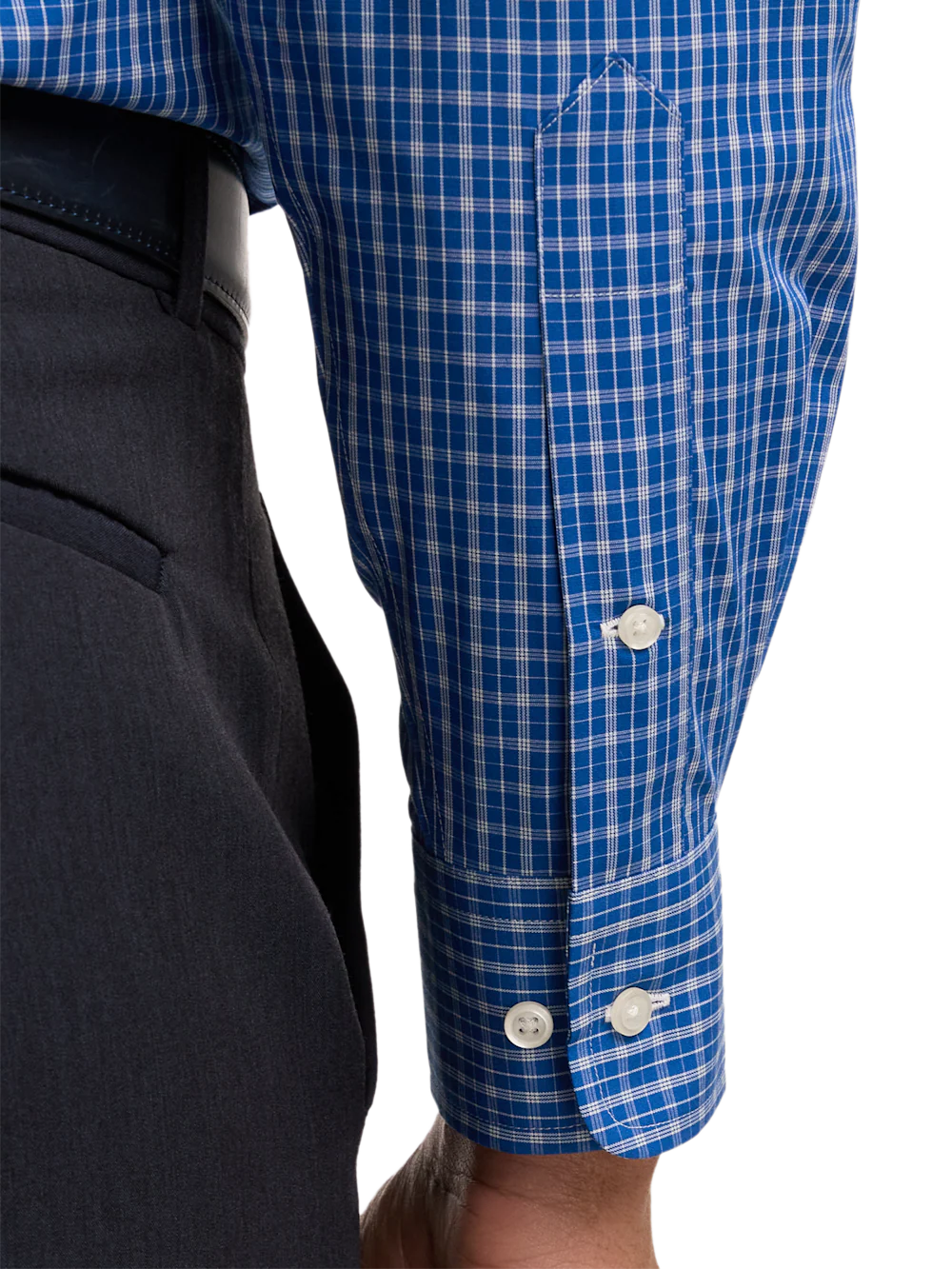 Non-Iron Cotton Check Dress Shirt With Contrast Trim - Blue - Image 4