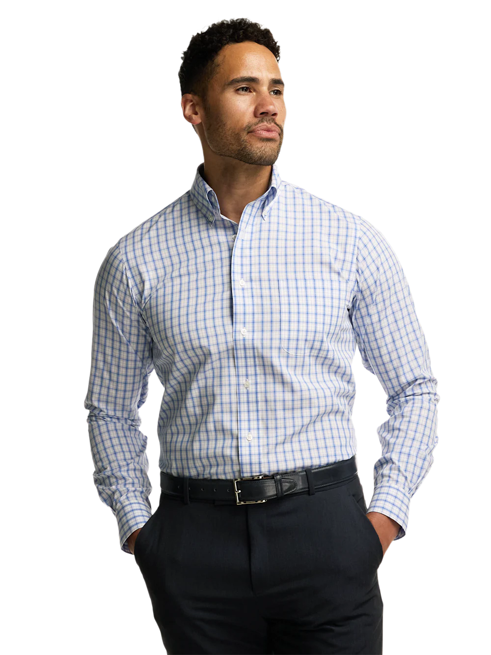 Non-Iron Cotton Check Dress Shirt With Contrast Trim - White/blue - Image 2