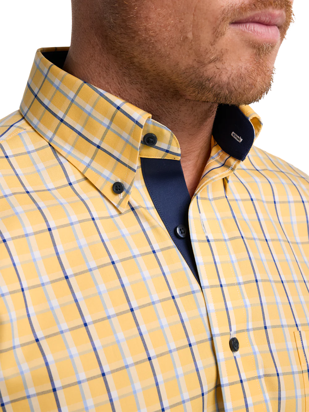 Non-Iron Cotton Check Dress Shirt With Contrast Trim - Yellow/blue - Image 3