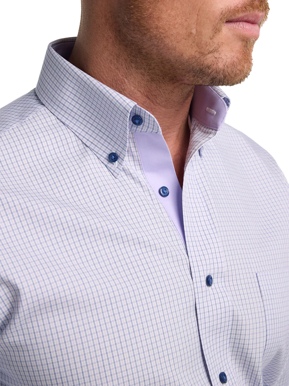 Non-Iron Cotton Check Dress Shirt With Contrast Trim - Purple - Image 3