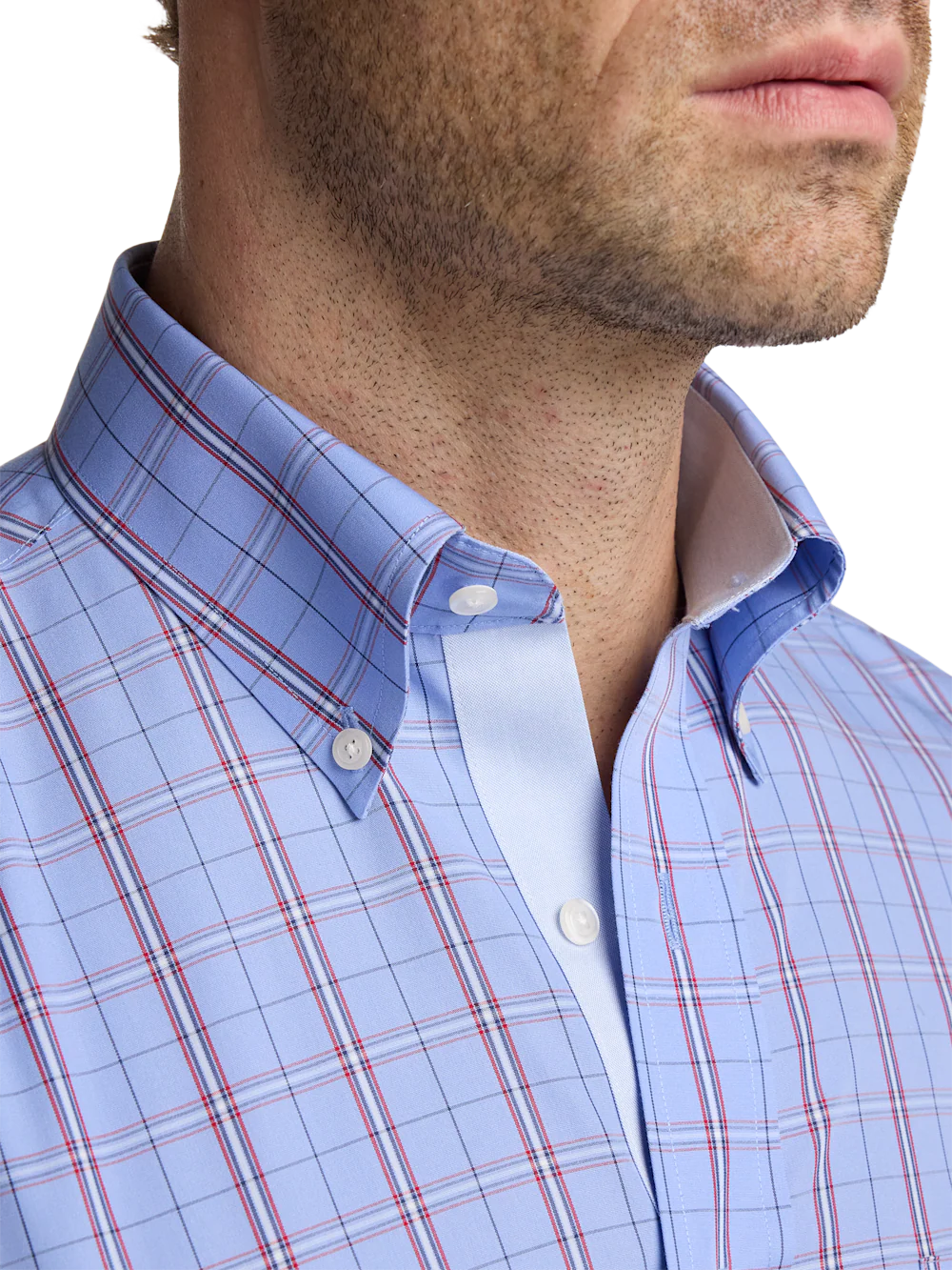 Non-Iron Cotton Check Dress Shirt With Contrast Trim - Blue - Image 3