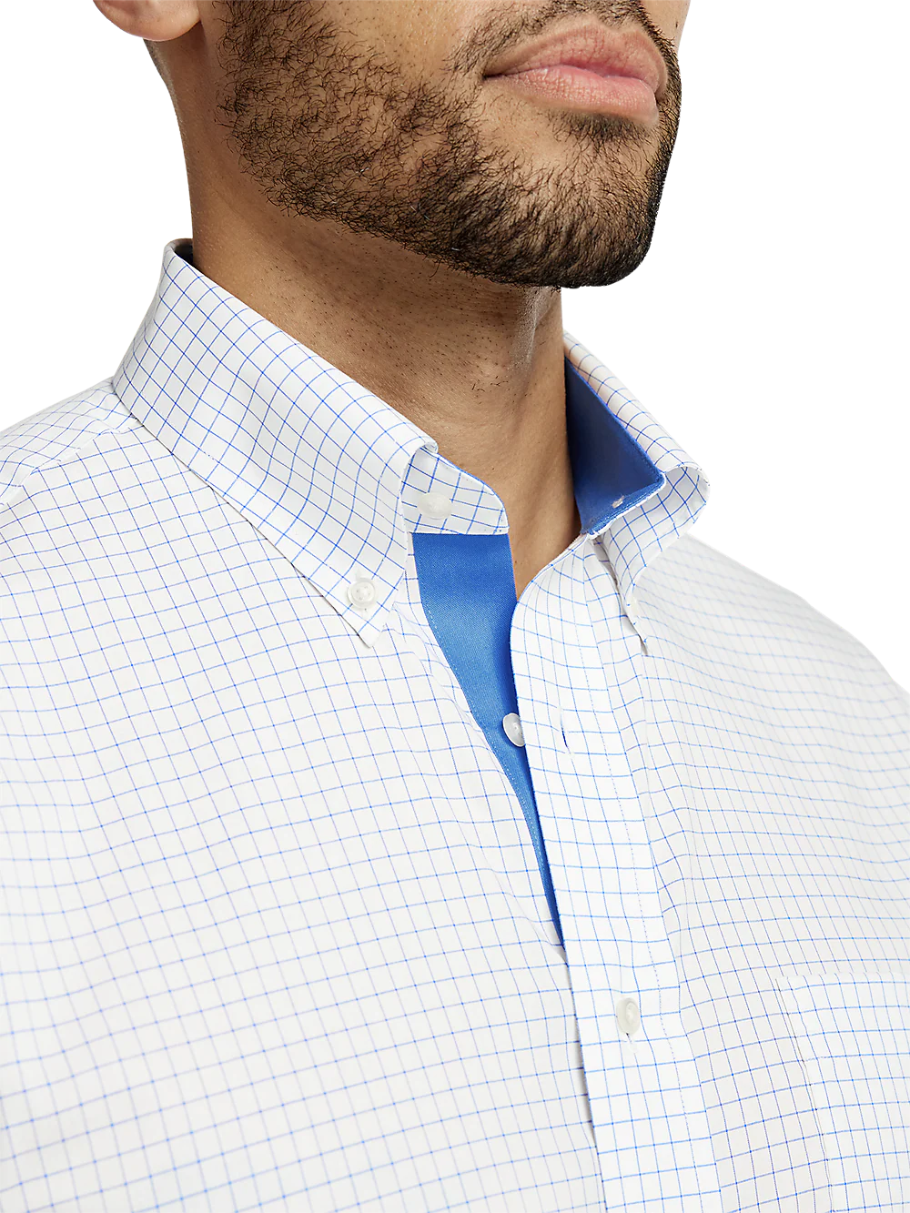 Non-Iron Cotton Check Dress Shirt With Contrast Trim - Blue - Image 3