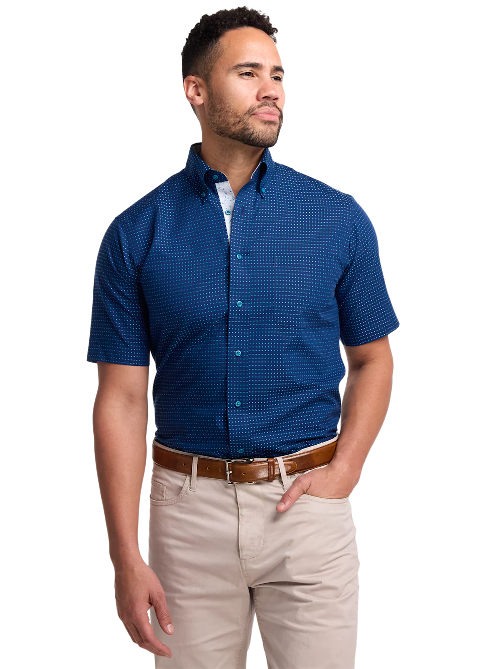 Non-Iron Cotton Dot Dress Shirt With Contrast Trim - Navy/teal - Image 2