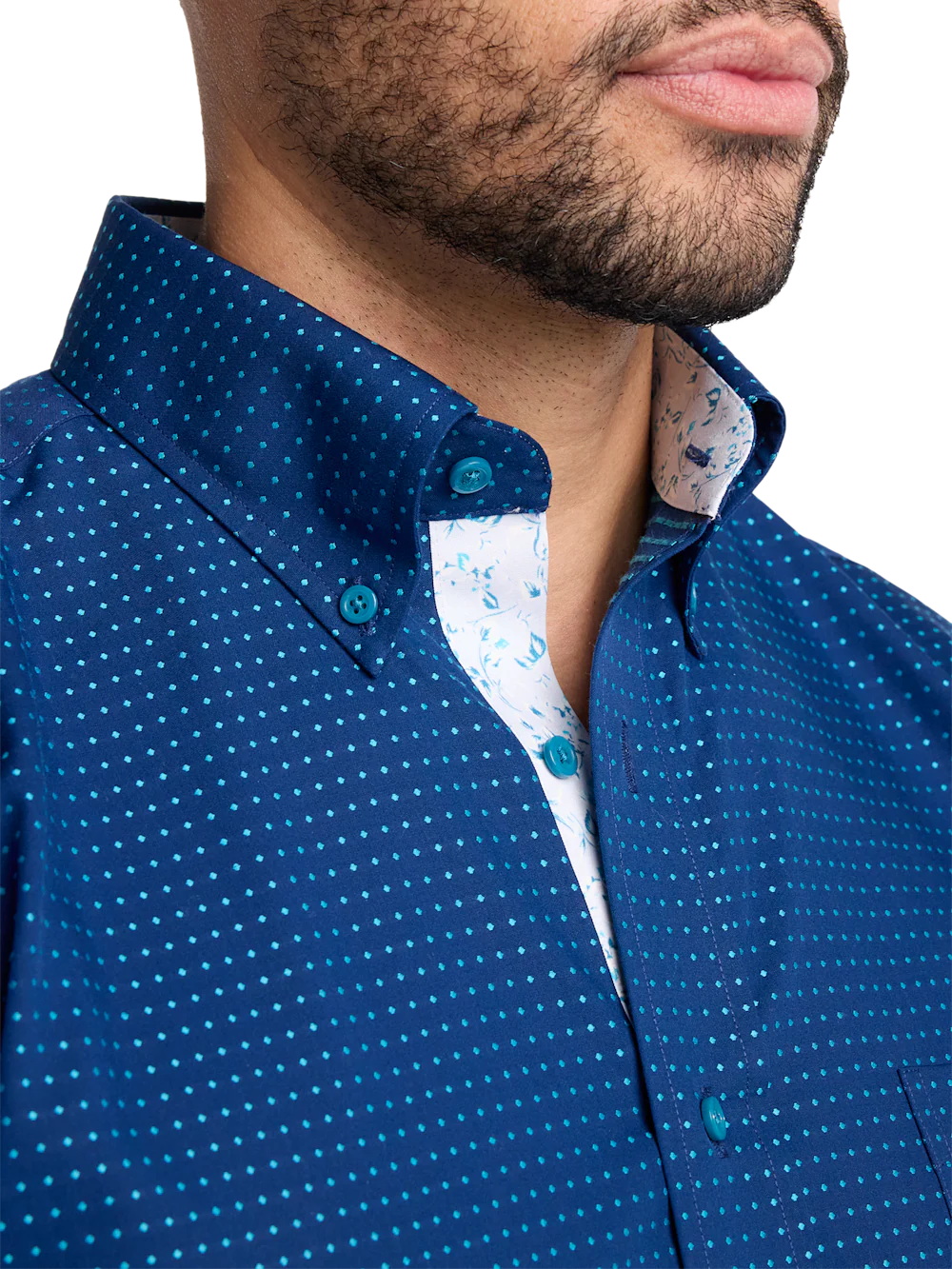 Non-Iron Cotton Dot Dress Shirt With Contrast Trim - Navy/teal - Image 3