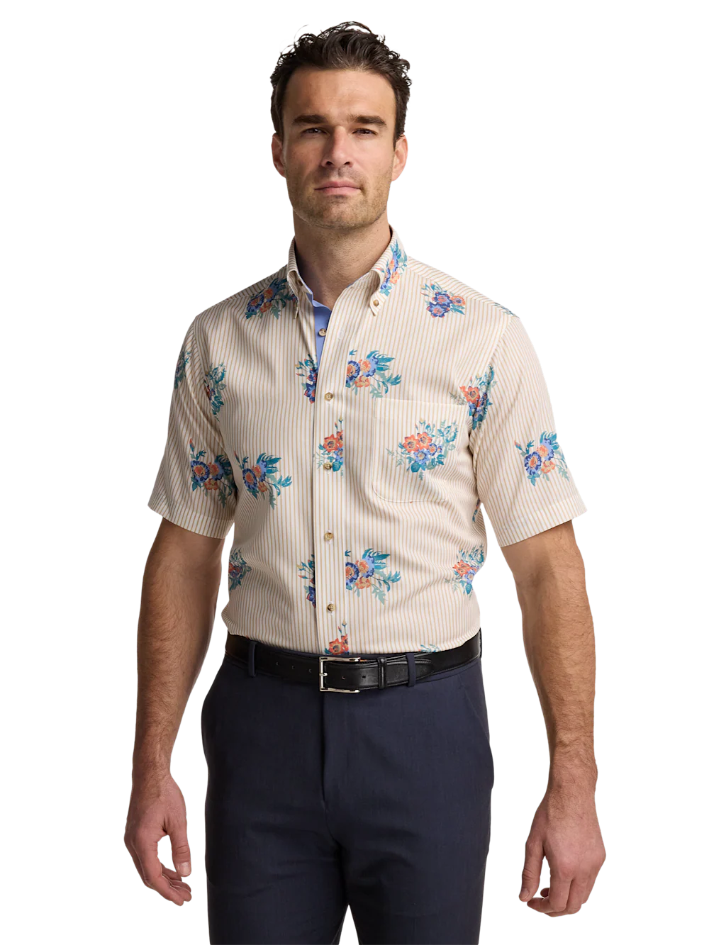 Non-Iron Cotton Floral Dress Shirt With Contrast Trim - Tan Multi - Image 2