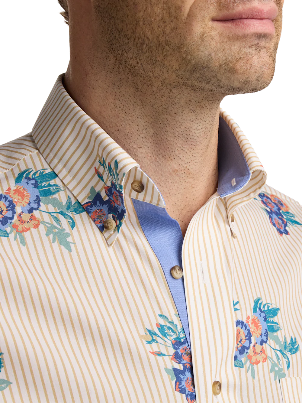Non-Iron Cotton Floral Dress Shirt With Contrast Trim - Tan Multi - Image 3