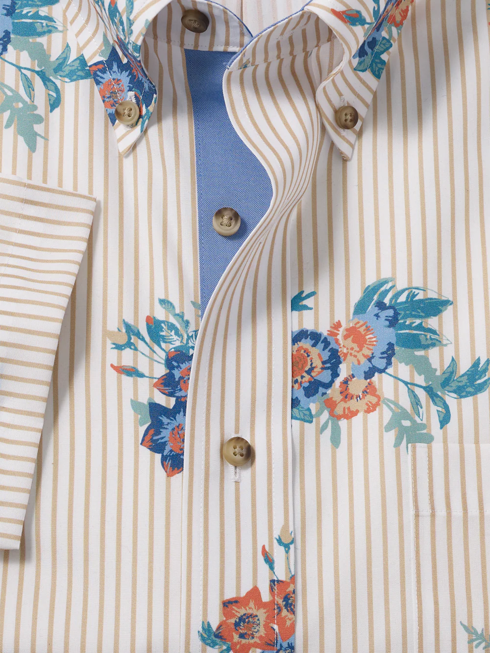Non-Iron Cotton Floral Dress Shirt With Contrast Trim - Tan Multi - Image 6