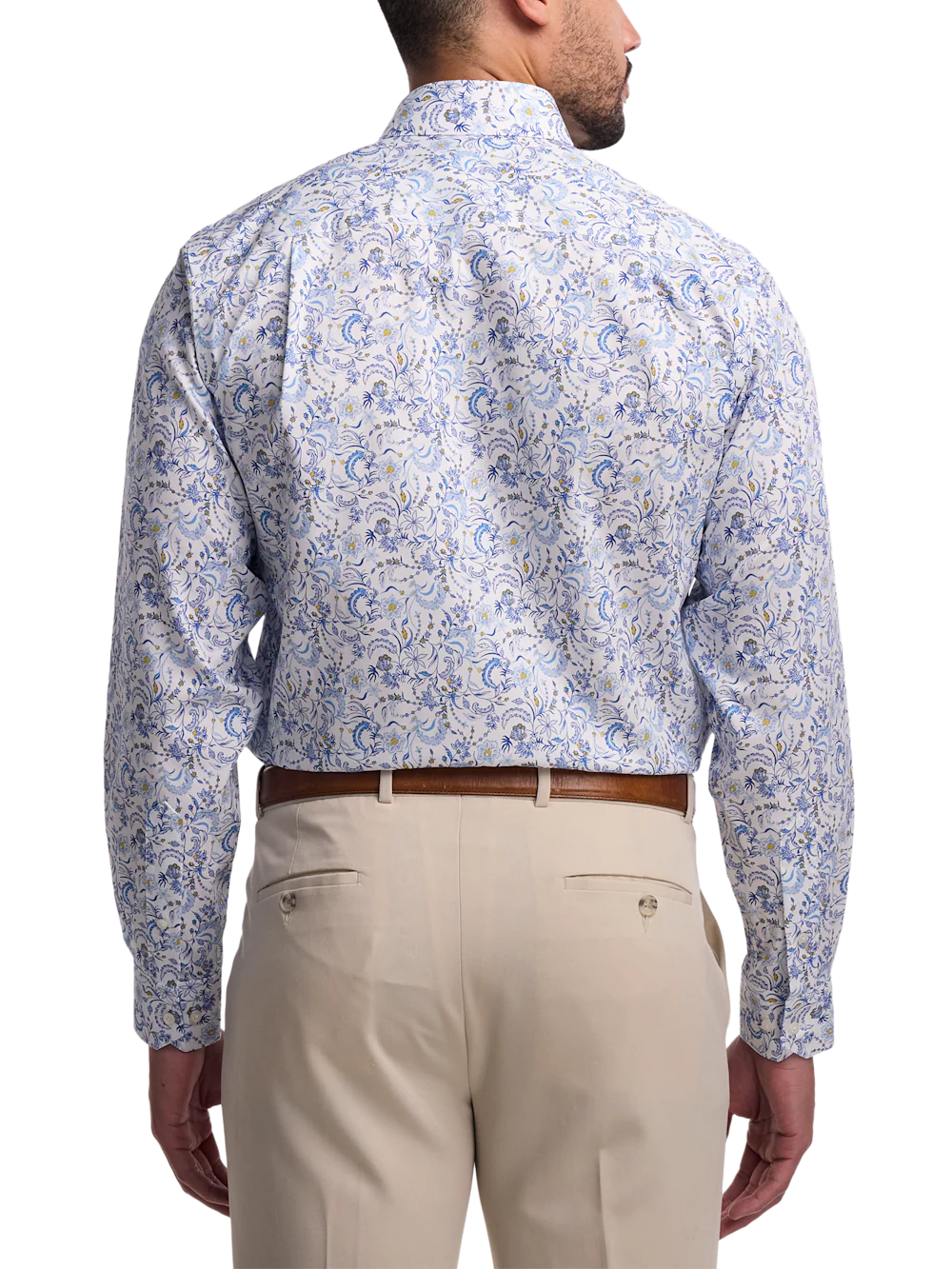 Non-Iron Cotton Floral Dress Shirt With Contrast Trim - White/blue - Image 5