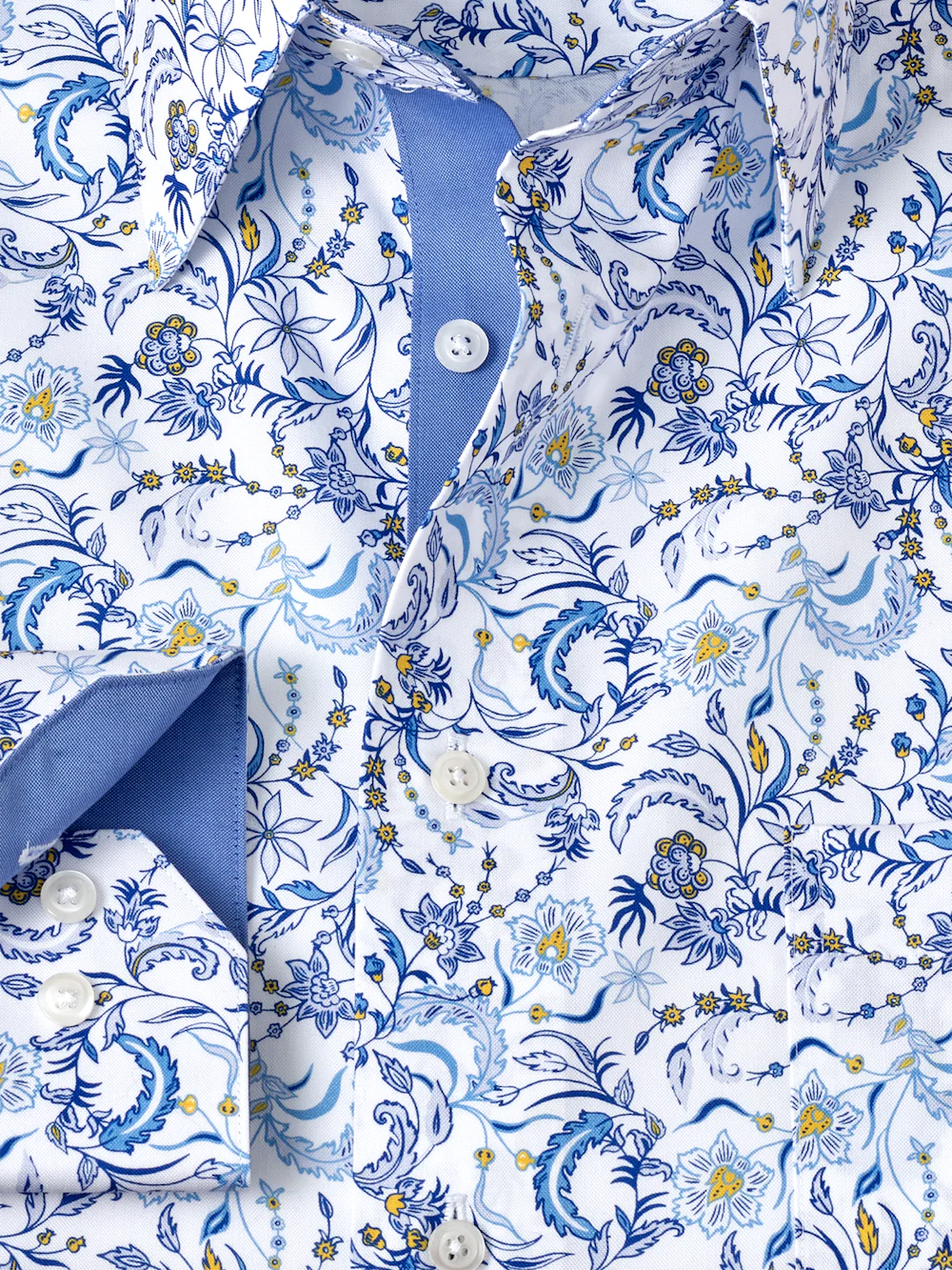 Non-Iron Cotton Floral Dress Shirt With Contrast Trim - White/blue - Image 6