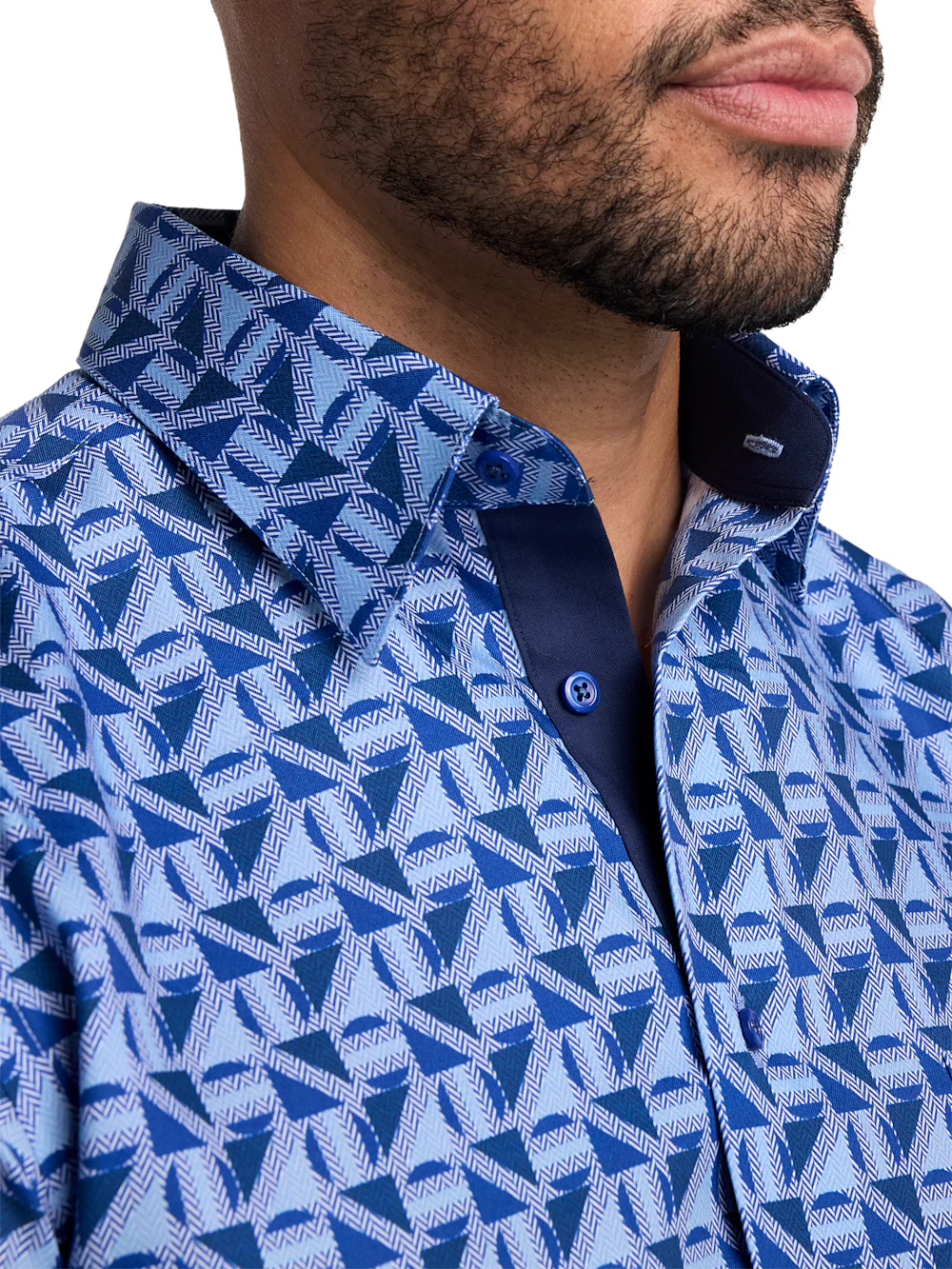 Non-Iron Cotton Geometric Dress Shirt With Contrast Trim - Blue - Image 3