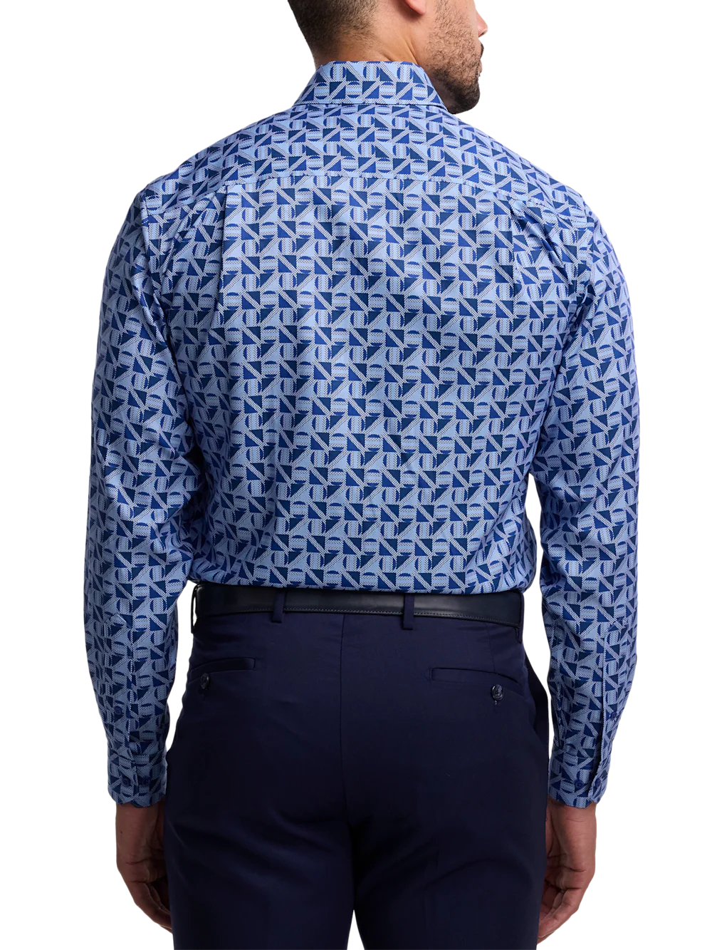 Non-Iron Cotton Geometric Dress Shirt With Contrast Trim - Blue - Image 5