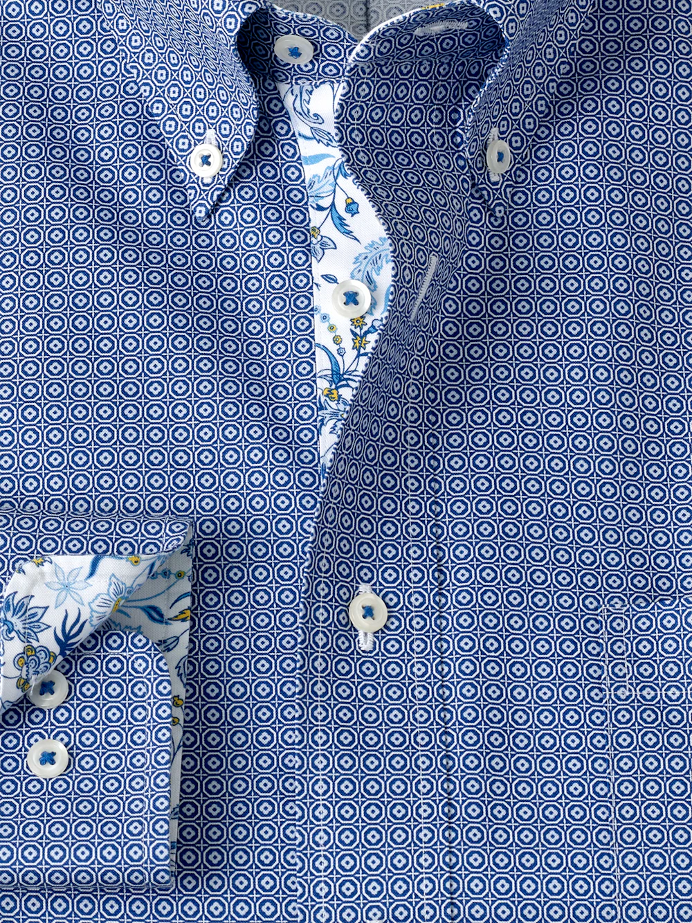 Non-Iron Cotton Geometric Dress Shirt With Contrast Trim - Blue - Image 6