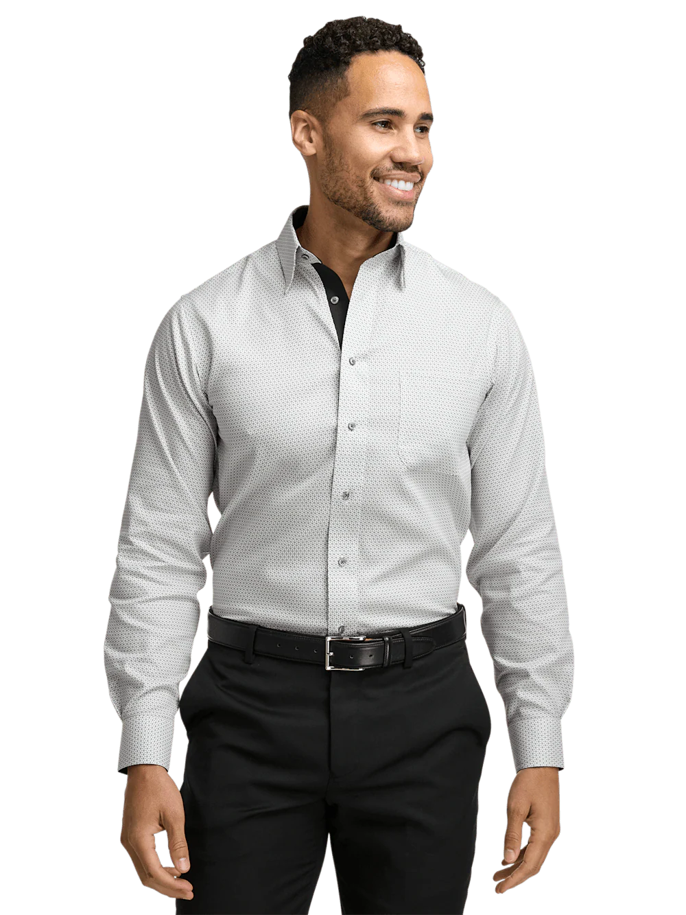 Non-Iron Cotton Geometric Dress Shirt With Contrast Trim - Black - Image 2