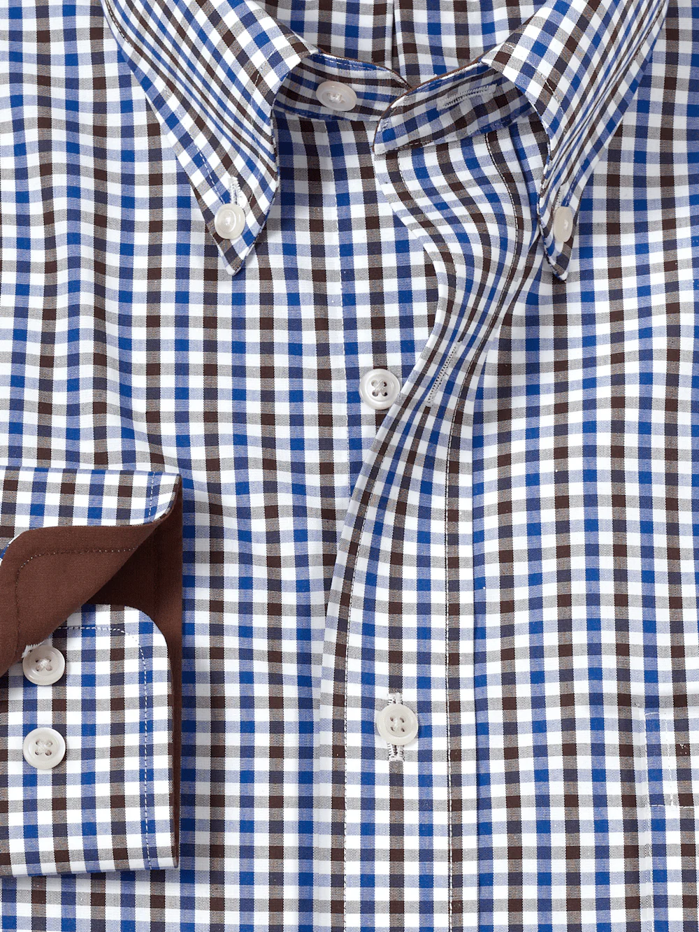 Non-Iron Cotton Gingham Dress Shirt With Contrast Trim - Blue/brown - Image 6