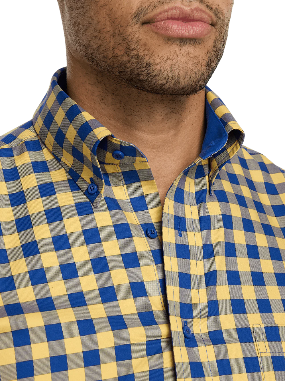 Non-Iron Cotton Gingham Dress Shirt With Contrast Trim - Blue/yellow - Image 3