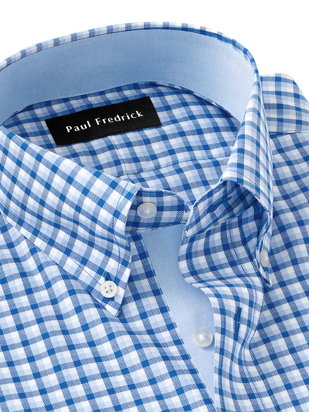 Non-Iron Cotton Gingham Dress Shirt With Contrast Trim - Blue - Image 7