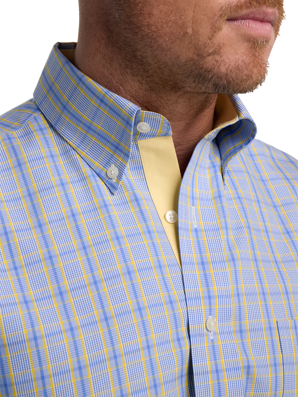 Non-Iron Cotton Glen Plaid Dress Shirt With Contrast Trim - Blue/yellow - Image 3