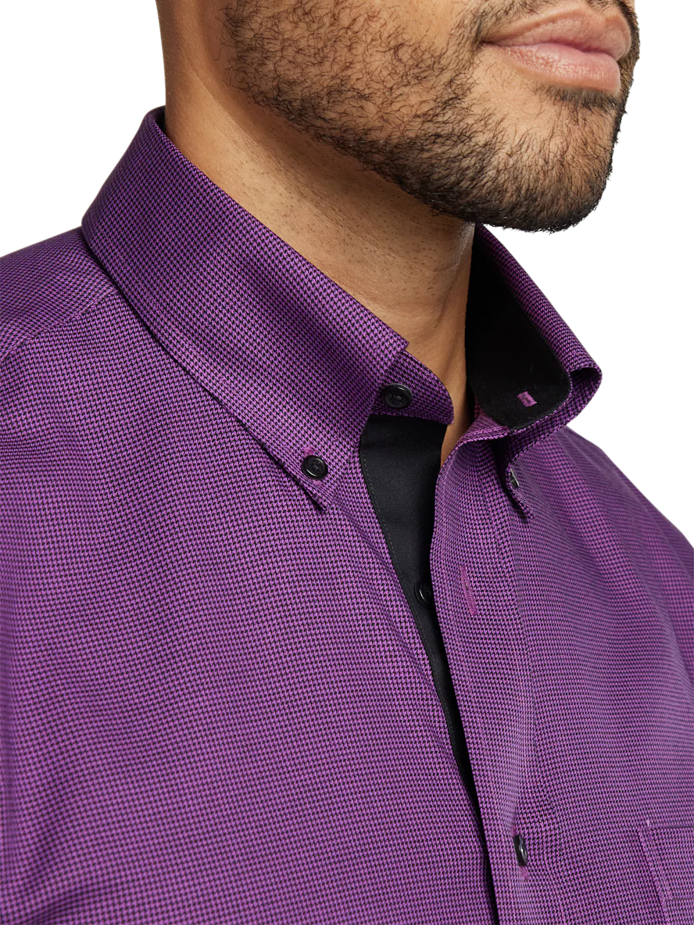 Non-Iron Cotton Houndstooth Dress Shirt With Contrast Trim - Black/purple - Image 3