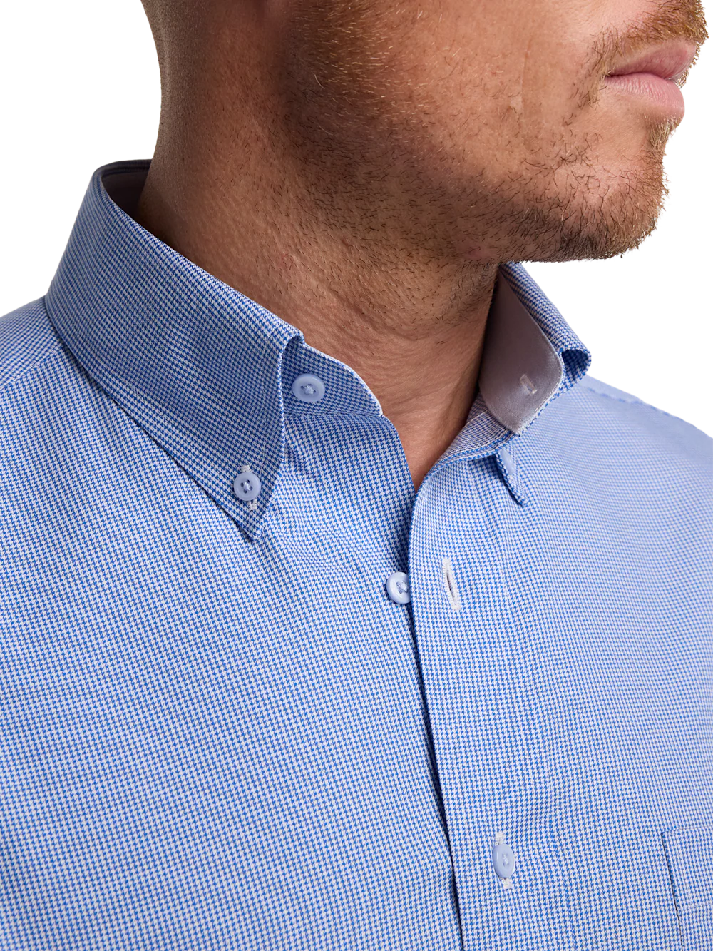 Non-Iron Cotton Houndstooth Dress Shirt With Contrast Trim - Blue - Image 3