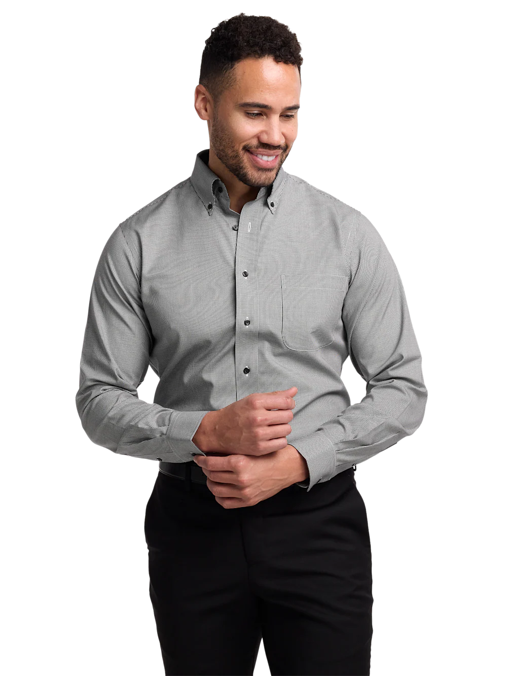 Non-Iron Cotton Houndstooth Dress Shirt With Contrast Trim - Black - Image 2