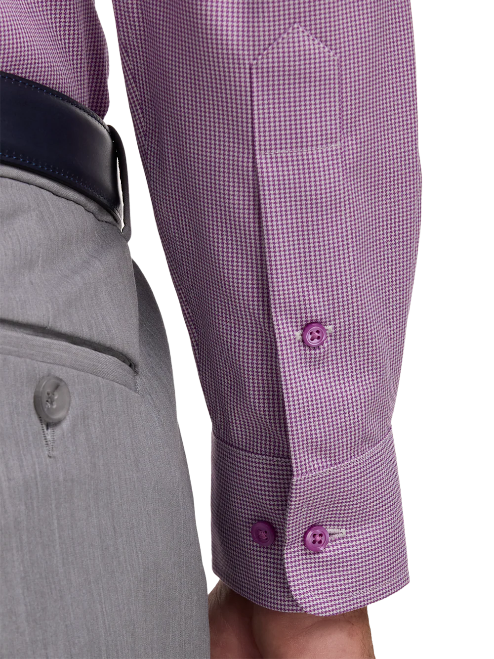Non-Iron Cotton Houndstooth Dress Shirt With Contrast Trim - Purple - Image 4