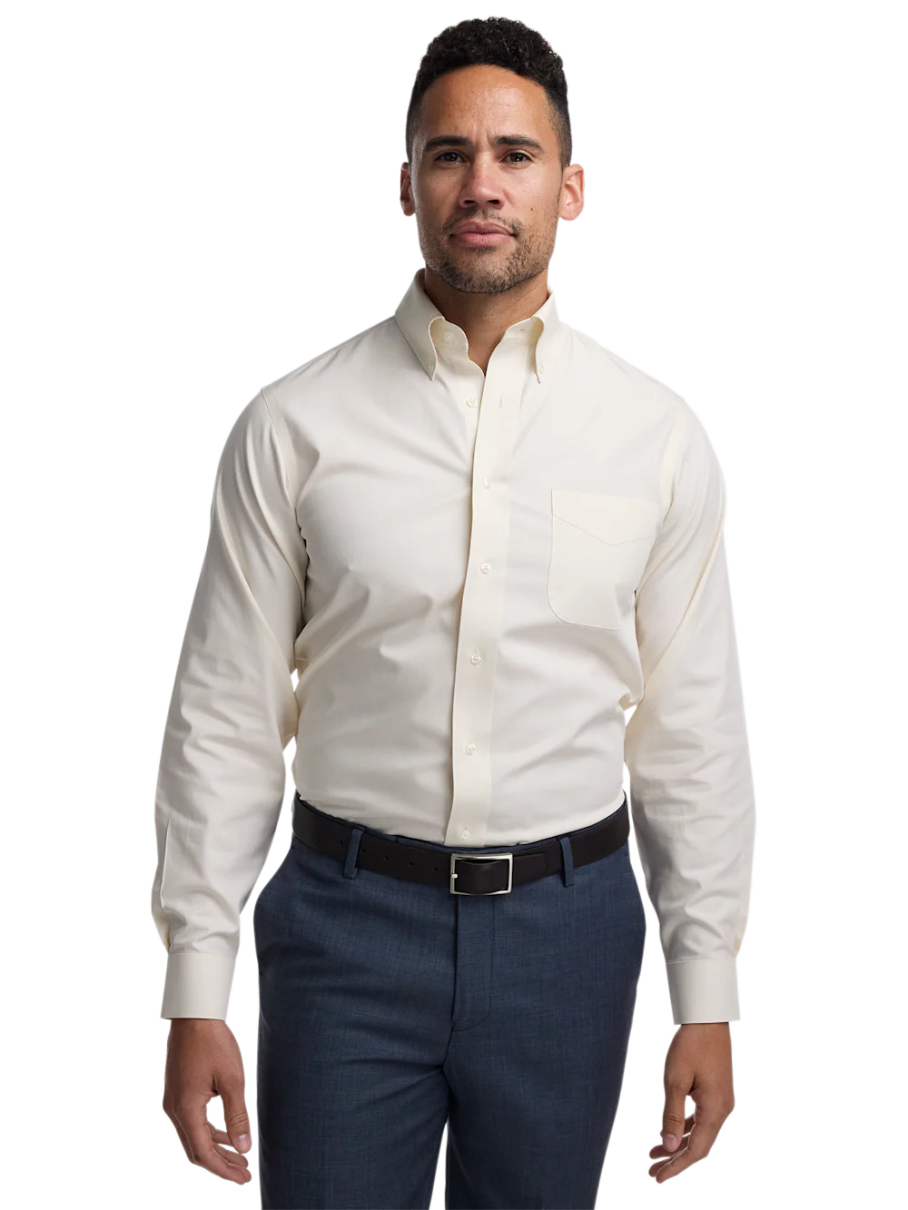 Non-Iron Cotton Pinpoint Solid Button Down Collar Dress Shirt - Ecru - Image 2