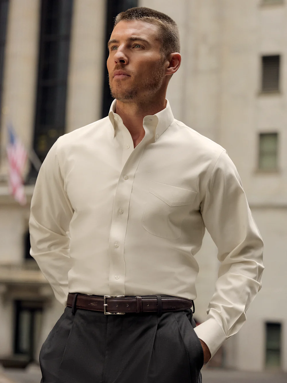 Non-Iron Cotton Pinpoint Solid Button Down Collar Dress Shirt - Ecru - Image 8