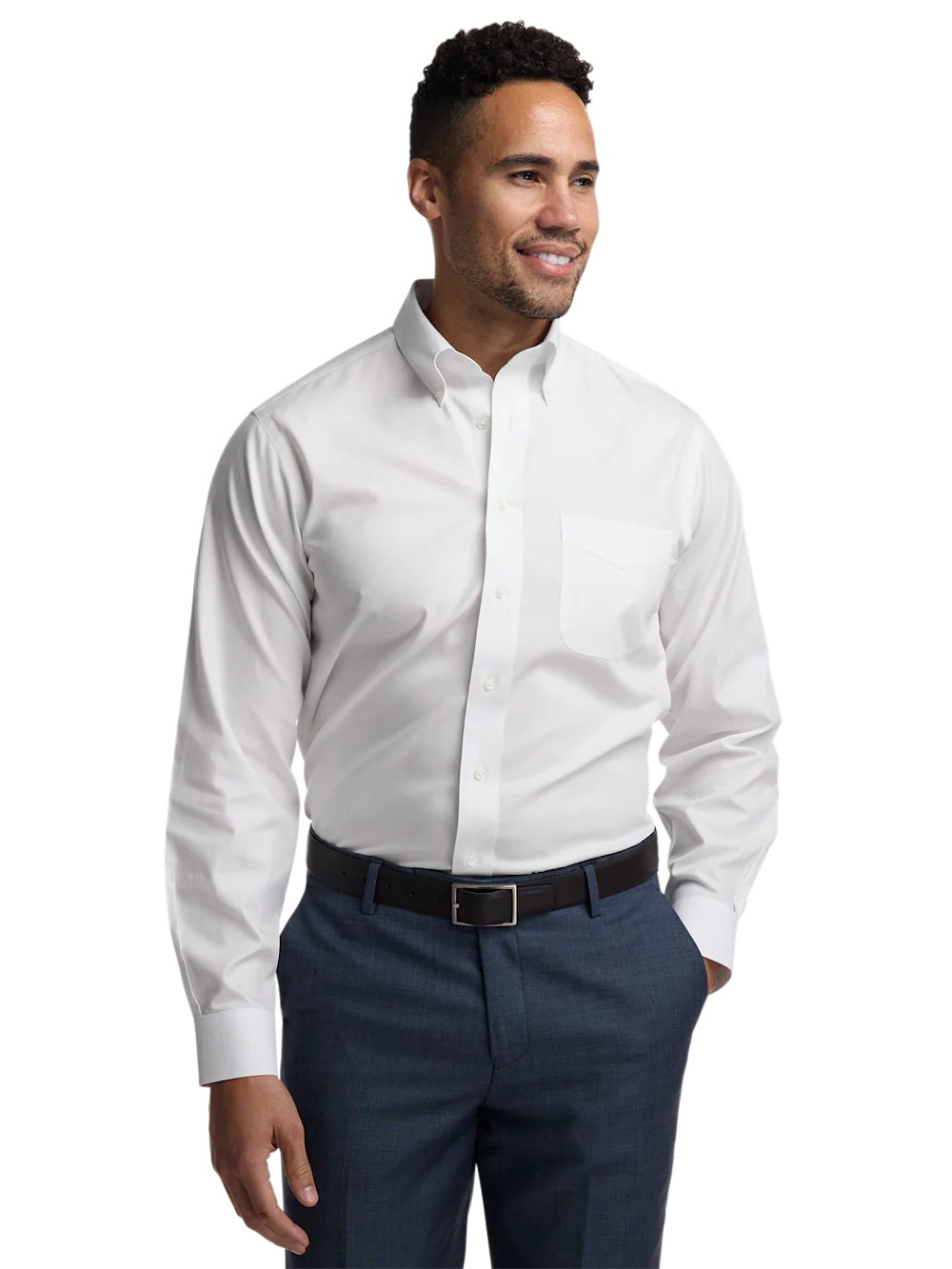 Non-Iron Cotton Pinpoint Solid Button Down Collar Dress Shirt - White - Image 2