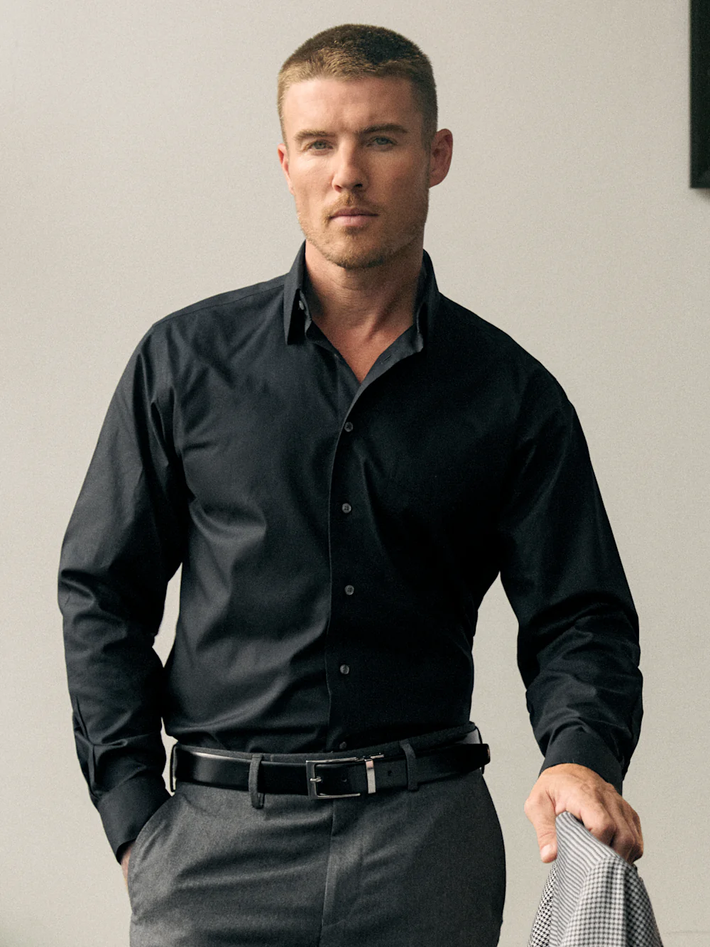 Non-Iron Cotton Pinpoint Solid Point Collar Dress Shirt - Black - Image 8