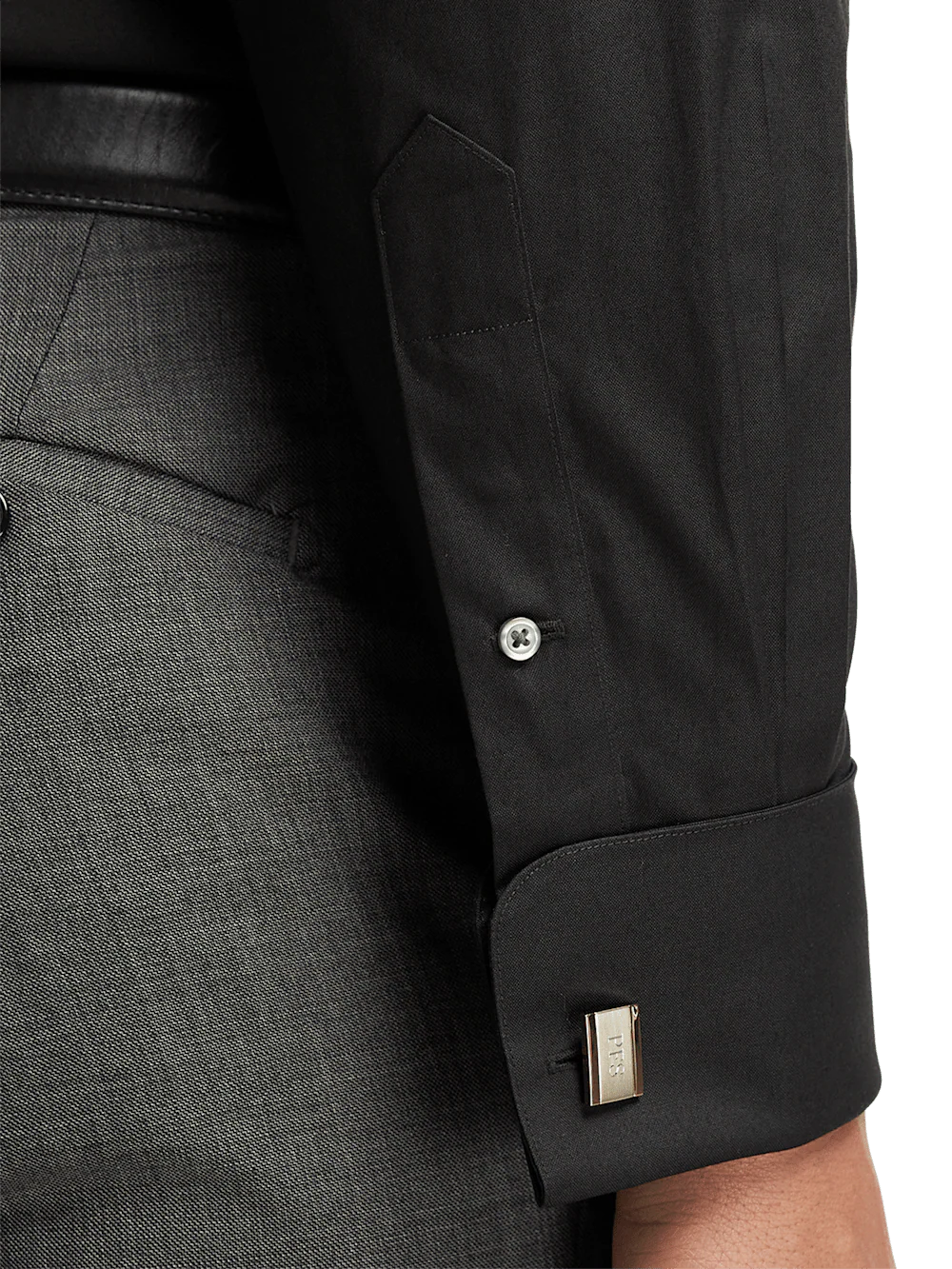 Non-Iron Cotton Pinpoint Solid Point Collar French Cuff Dress Shirt - Black - Image 4