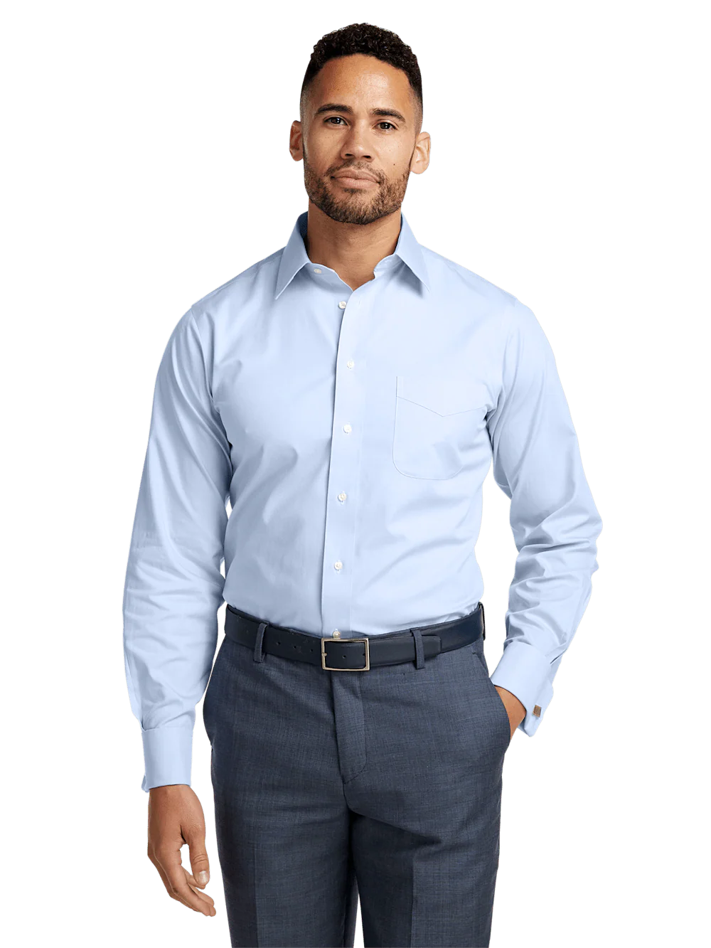 Non-Iron Cotton Pinpoint Solid Point Collar French Cuff Dress Shirt - Blue - Image 2